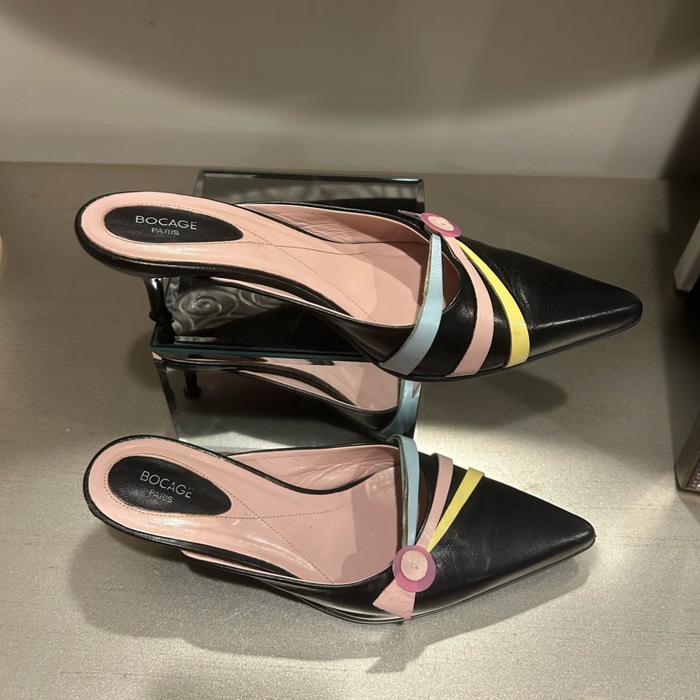 Black Pointed Leather Mules with Pastel Strap Accents